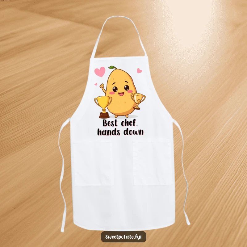 Funny apron featuring a proud sweet potato holding a trophy, celebrating culinary achievements with potato-themed winning spirit.