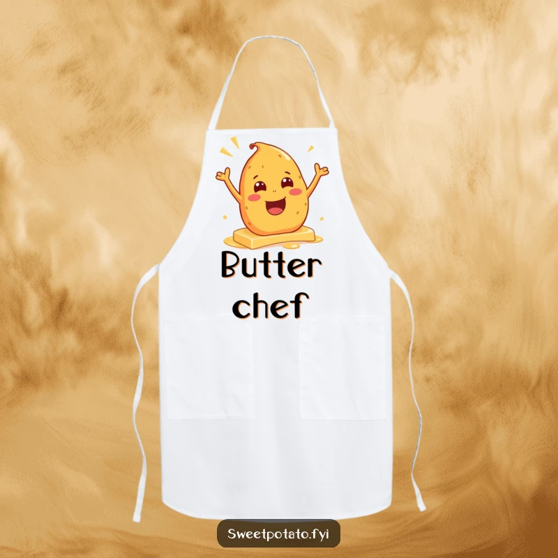 Funny apron showing an excited sweet potato character sliding on butter, a humorous and practical kitchen accessory.