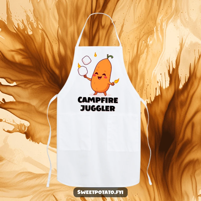 Funny apron showing a sweet potato character with a mischievous grin, juggling three roasted marshmallows while cooking.