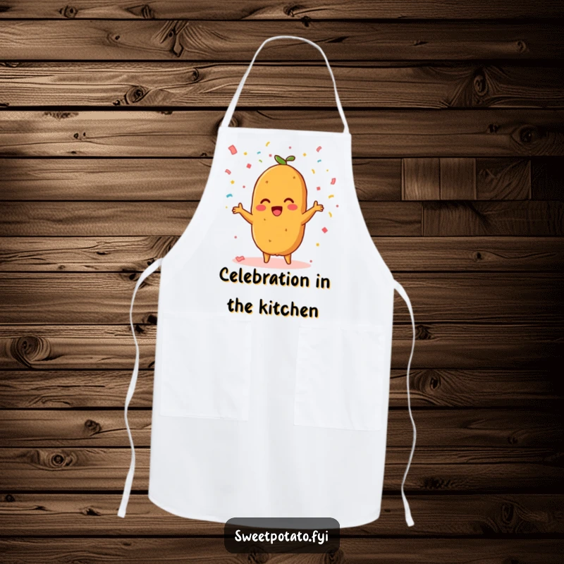 Funny apron showcasing a beaming sweet potato character celebrating by throwing a burst of confetti, perfect for cooks.