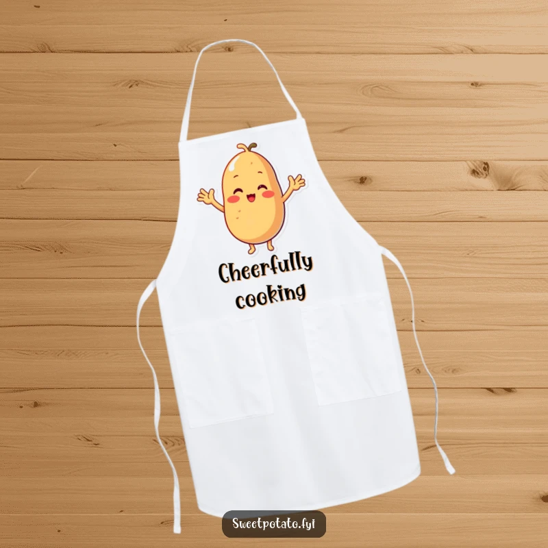 Funny apron adorned with a sweet potato character, tiny arms raised in a cheering stance, ready for culinary adventures.