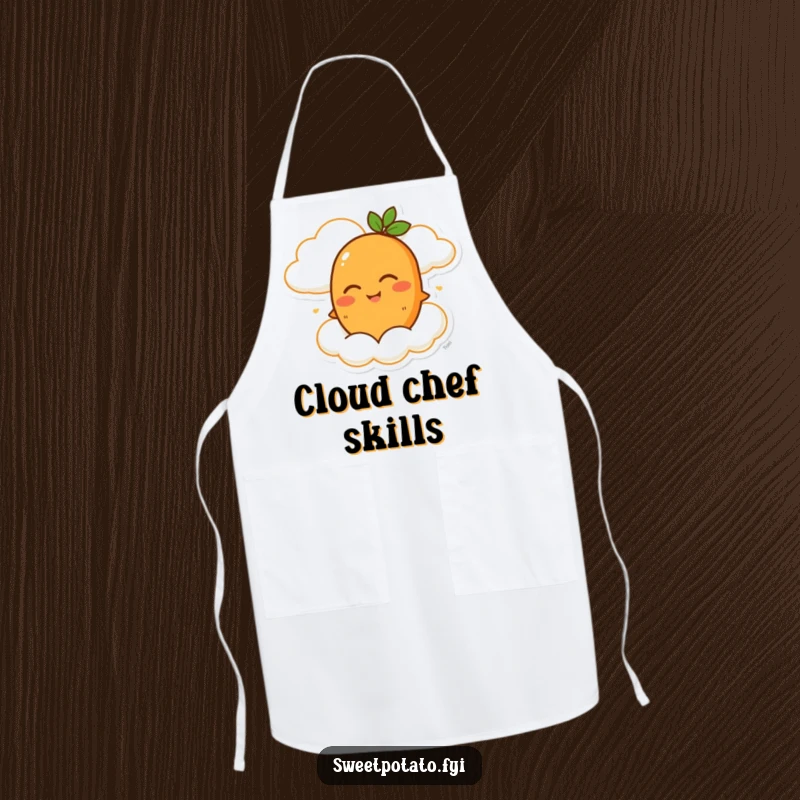Funny apron featuring a winking sweet potato character being carried by a happy cloud, adding a cheerful vibe to cooking.