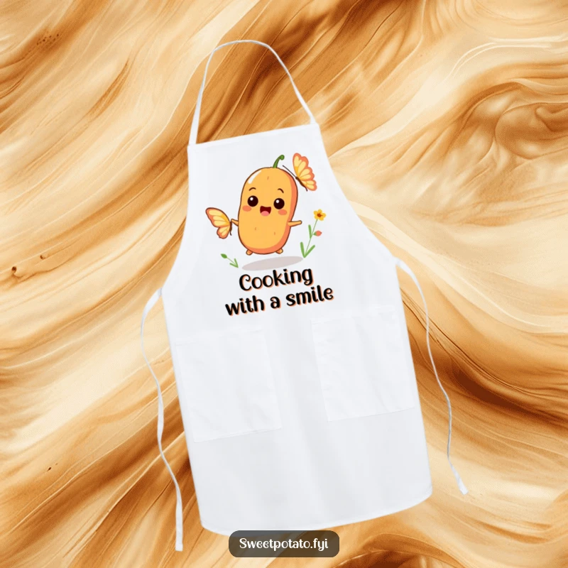 Funny apron depicting a playful sweet potato character chasing a butterfly with a big smile during kitchen activities.
