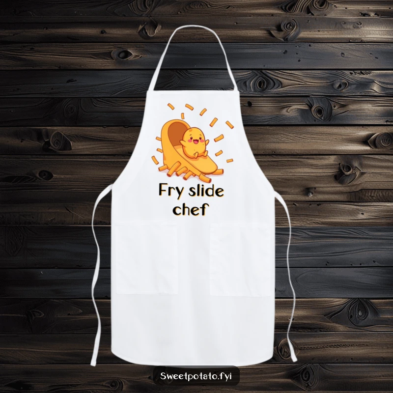 Funny apron showing a happy sweet potato character sliding down a chute made of delicious sweet potato fries while cooking.
