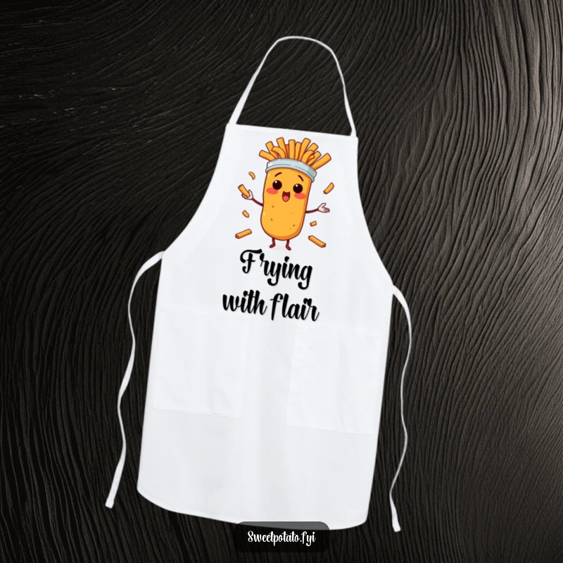 Funny apron showing a surprised sweet potato character in a humorous juggling attempt with sweet potato fries, ideal for cooking.