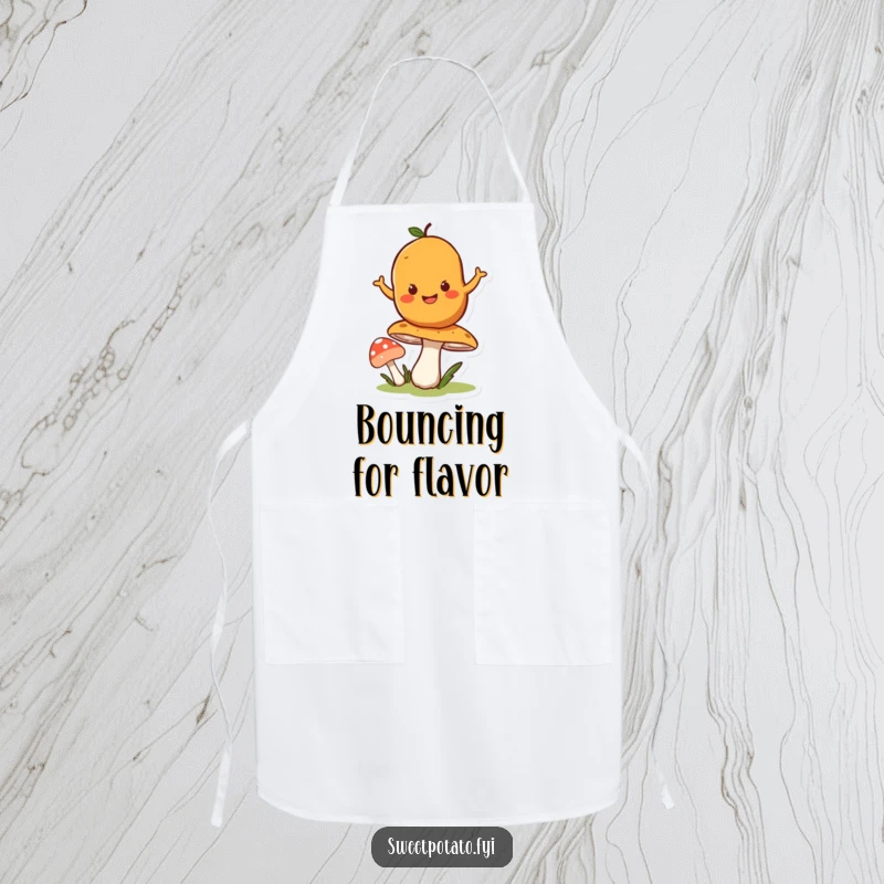 Funny apron featuring a happy sweet potato character bouncing on a springy mushroom, ready for culinary fun.