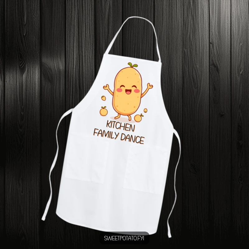 Funny apron showcasing a delighted sweet potato character dancing joyfully with small spuds, perfect for a playful chef.