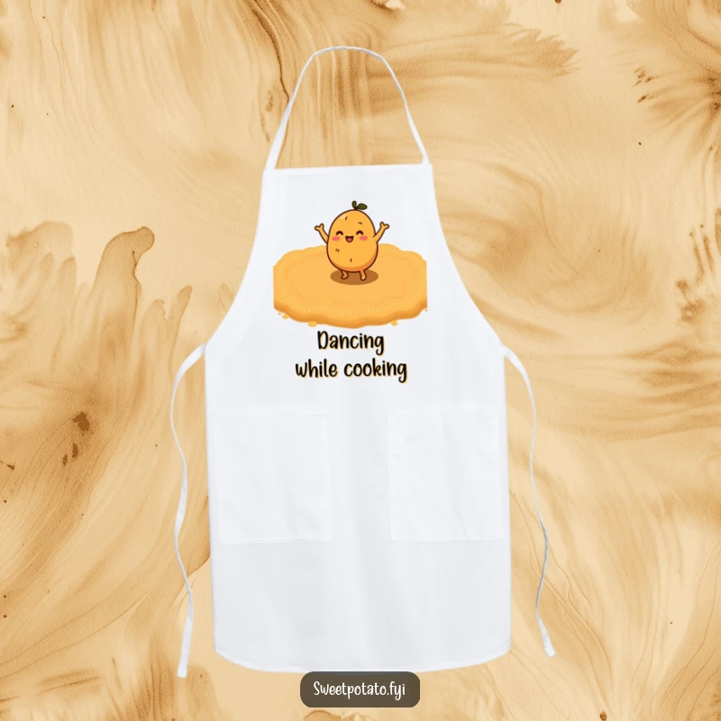 Funny sweet potato character doing a happy little dance on a bed of brown sugar, a cheerful and funny apron.
