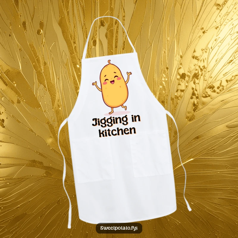 Funny sweet potato apron featuring a dancing character doing a joyful jig, perfect for keeping clothes clean with a lively and humorous design.