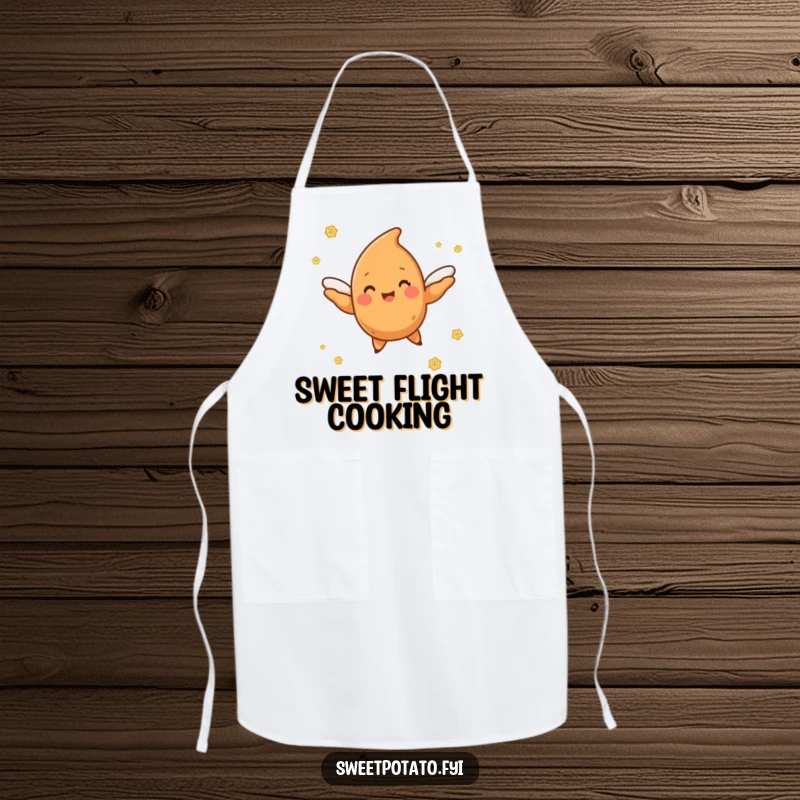 Funny sweet potato character with tiny wings flying joyfully through a delightful cloud of cinnamon sugar, a cheerful apron.