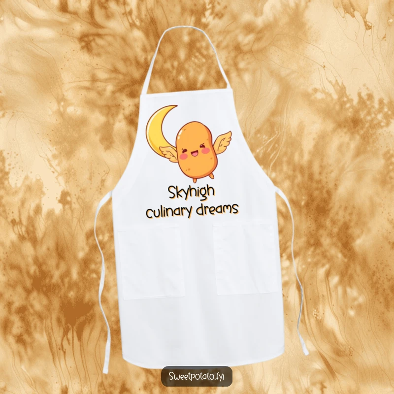 Funny sweet potato character apron, with wings, joyfully flying towards a crescent moon, perfect for whimsical kitchen adventures.