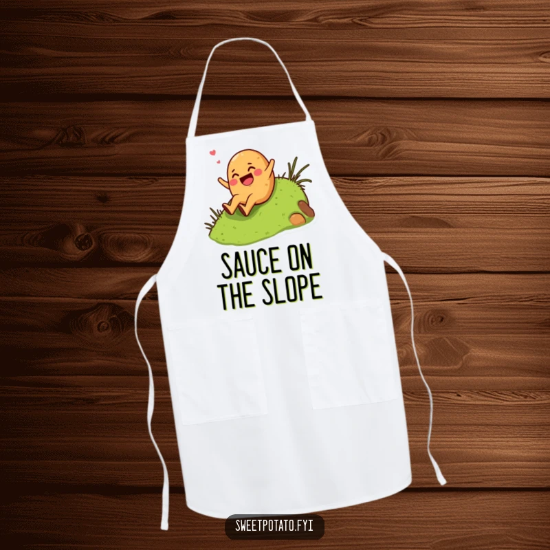 Funny giggling sweet potato character enthusiastically sliding down a grassy hill, worn on a humorous kitchen apron.