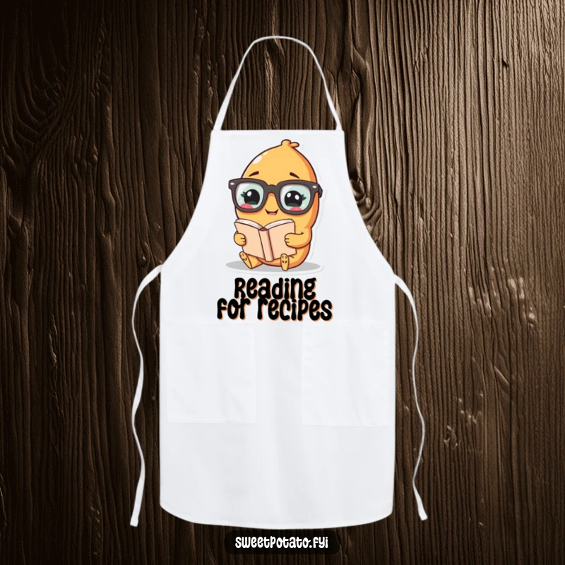 Funny apron featuring a giggling sweet potato character in oversized glasses, reading a book while cooking.