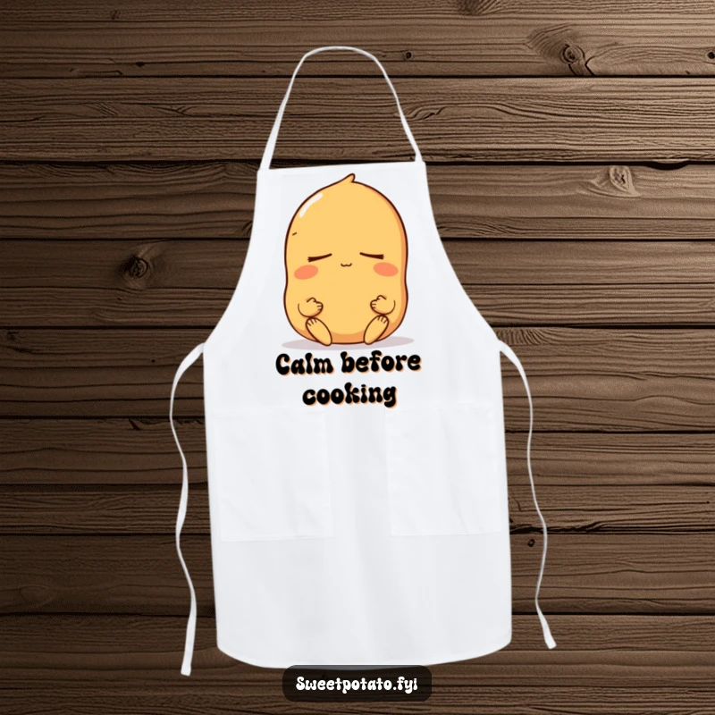 Funny sweet potato apron with a peaceful character meditating with eyes closed, perfect for keeping clothes clean with a serene and humorous design.