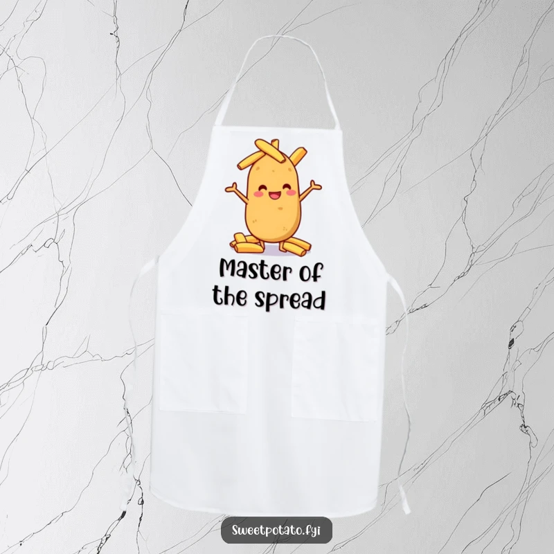 Funny sweet potato grinning, balancing potato wedges, a humorous apron for skilled chefs.