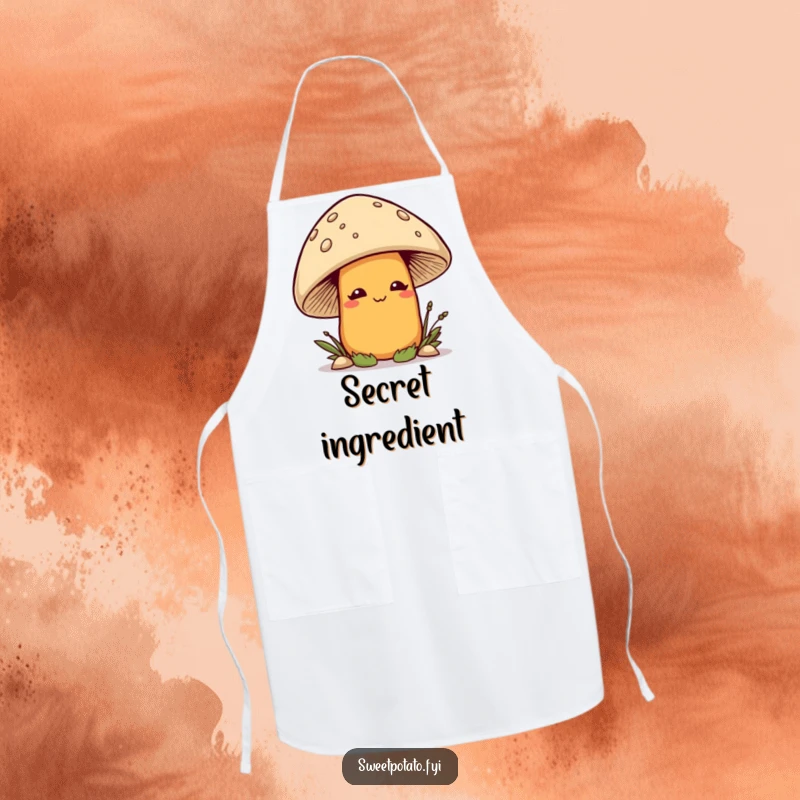Funny smirking sweet potato character playfully peeking out from behind a mushroom, worn on a humorous kitchen apron.