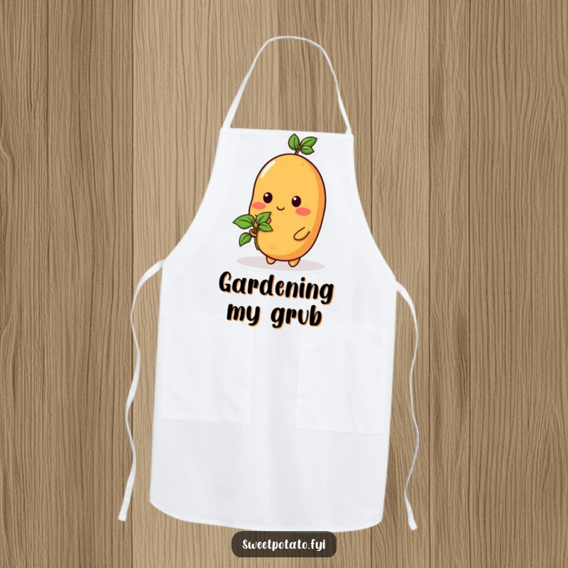 Funny apron featuring a sweet potato character holding a tiny sprout, bringing a touch of growth and humor to cooking.