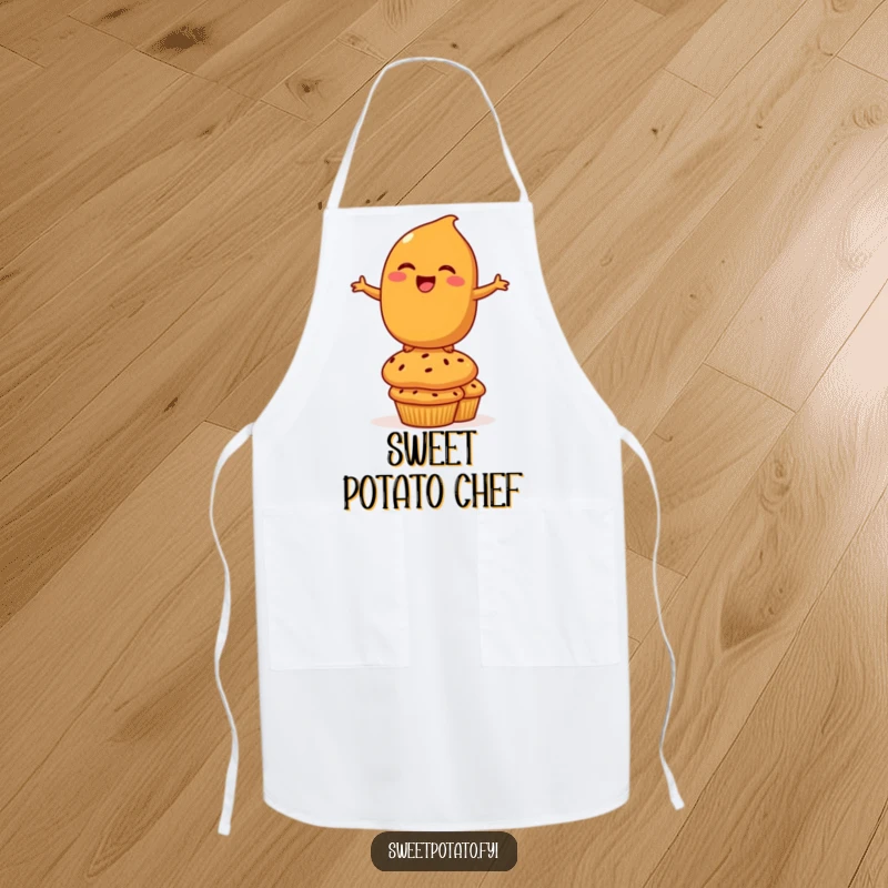 Funny Apron: A kitchen apron adorned with a laughing sweet potato character balancing on muffins, making cooking tasks more amusing.
