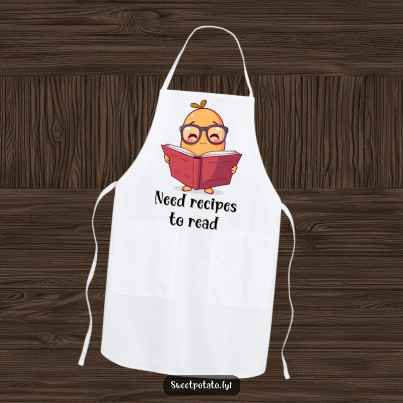 Funny apron featuring a sweet potato character wearing spectacles, holding a large book, ideal for a humorous kitchen enthusiast.