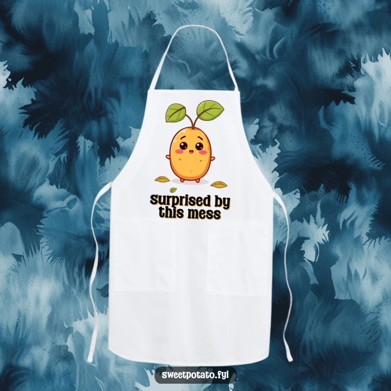 Funny apron showing a sweet potato with a surprised face as a leaf falls, ideal for humorous cooking sessions.