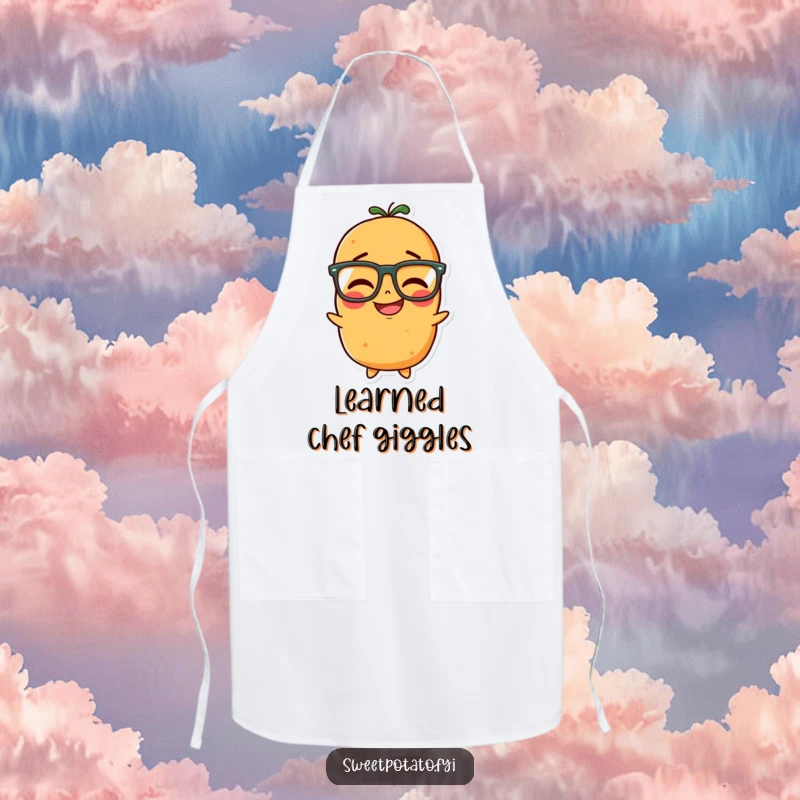 Funny apron with a sweet potato character wearing glasses, giggling playfully while preparing to cook.