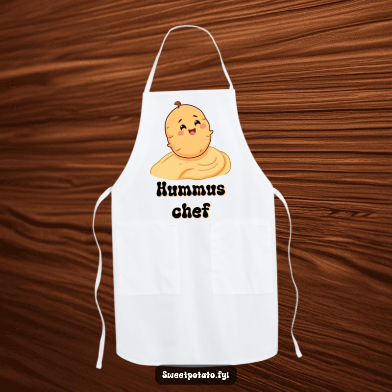 Funny apron depicting a happy sweet potato character joyfully rolling down a creamy hummus slope while cooking.