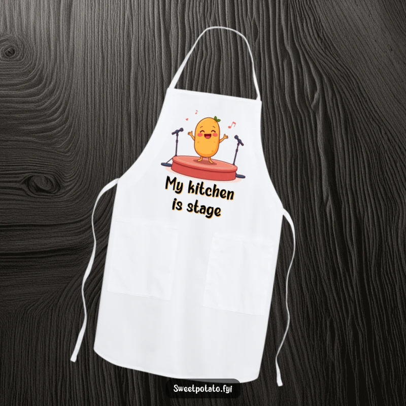 Funny happy sweet potato dancing on stage, a humorous kitchen apron for joyful cooks.