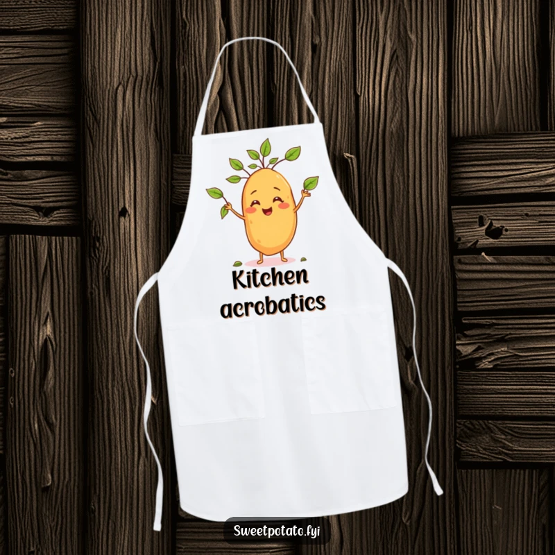 Funny apron showcasing a happy sweet potato character juggling leaves while cooking, adding humor to the kitchen.