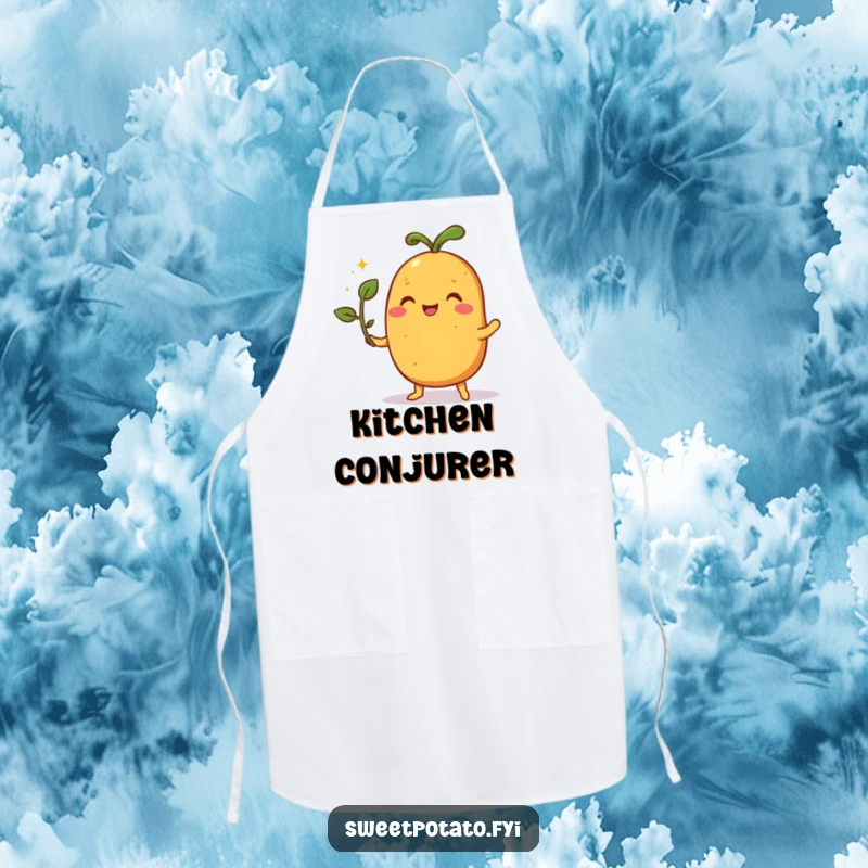 Funny apron showcasing a pleased sweet potato character performing a magic trick with a sprout, perfect for a whimsical cook.