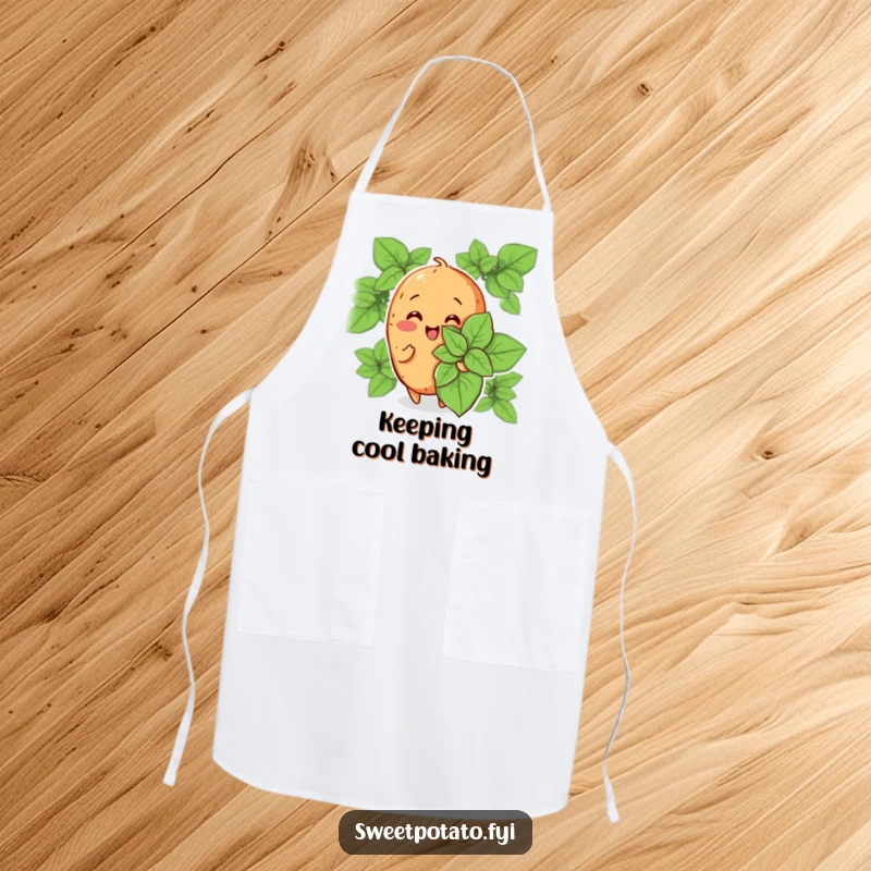Funny apron depicting a cheerful sweet potato character fanning itself with a large mint leaf, ready to bring cool humor to any kitchen.