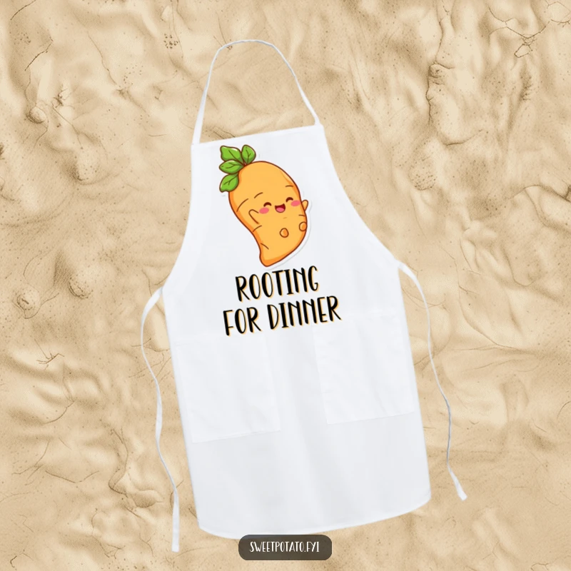 Funny apron featuring a delighted sweet potato character sliding down a root, ready for kitchen adventures.