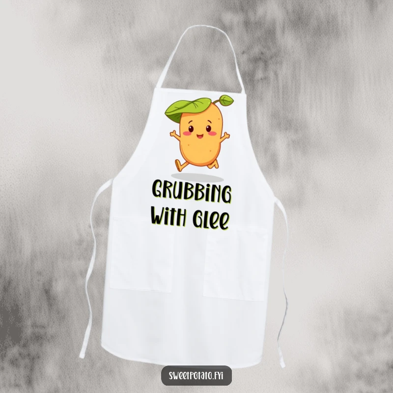 Funny apron showing a sweet potato character in a leaf hat, gracefully skipping while ready to cook up a storm.