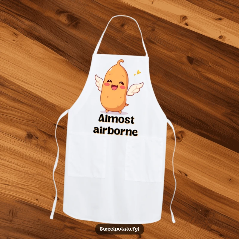Funny apron showing a smiling sweet potato character trying to sprout tiny wings, ready to add humor and inspiration to any kitchen task.