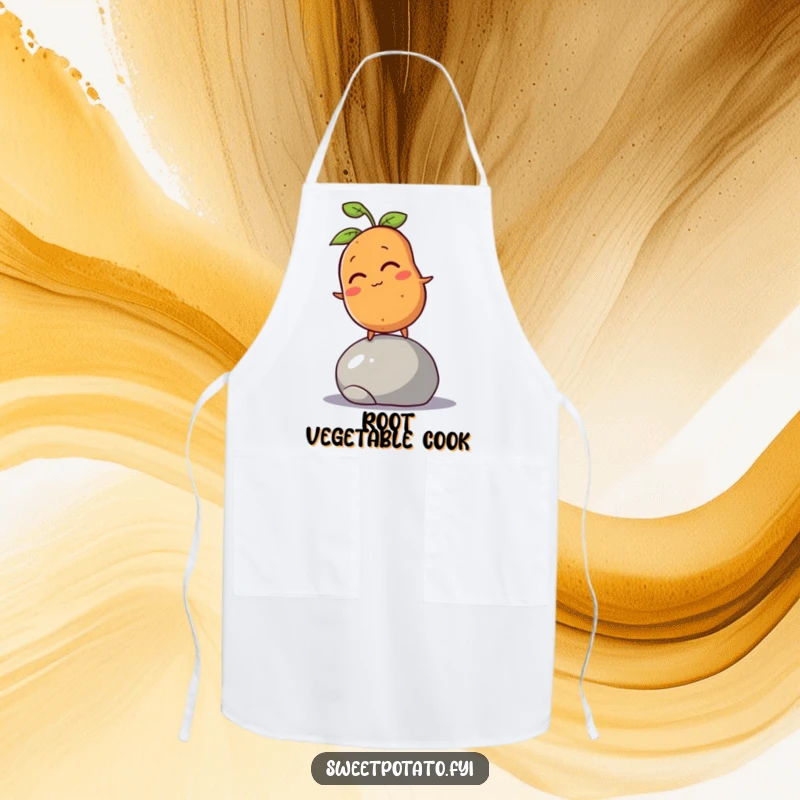 Funny sweet potato character winking and balancing on a pebble, depicted on a kitchen apron for cooking.