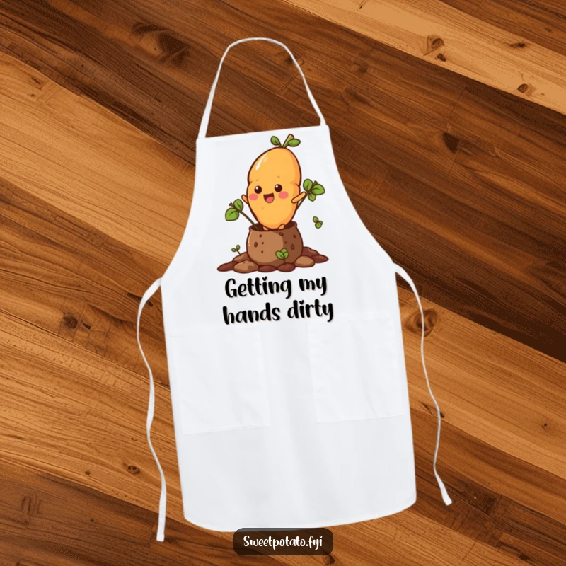 Funny apron with a sweet potato character breaking free from a soil pot, ready to cause some kitchen magic.