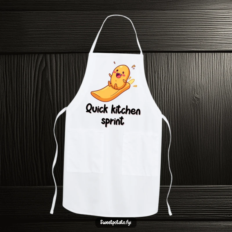 Funny excited sweet potato zooming down a potato crisp slide, a humorous apron for adventurous cooks.