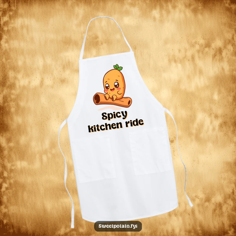 Funny apron depicting a wide-eyed sweet potato character joyfully sliding down a giant cinnamon stick, ready to make cooking sessions more exciting.