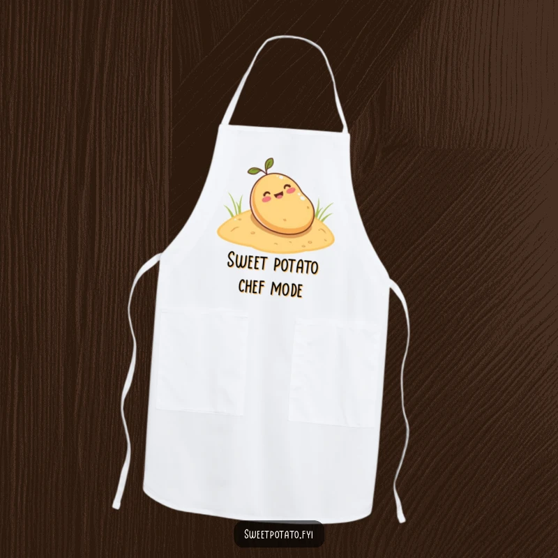 Funny sweet potato apron, a cartoon sweet potato rolling down a sandy hill, perfect for adding humor and fun to kitchen activities.