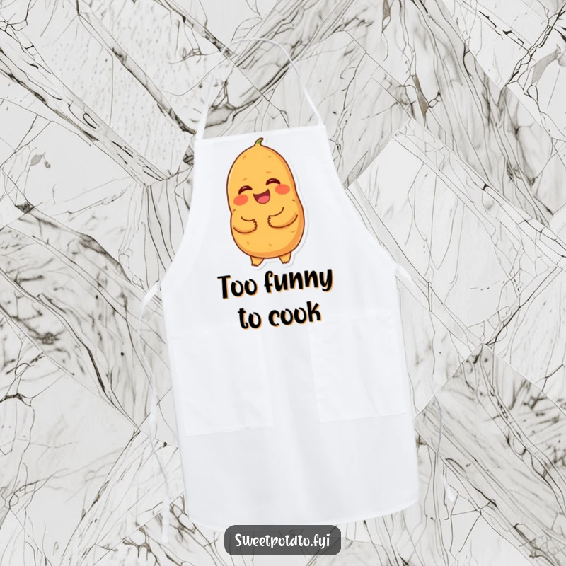 Funny giggling sweet potato apron, a cartoon sweet potato holding its tummy and laughing, perfect for adding humor and fun to kitchen activities.