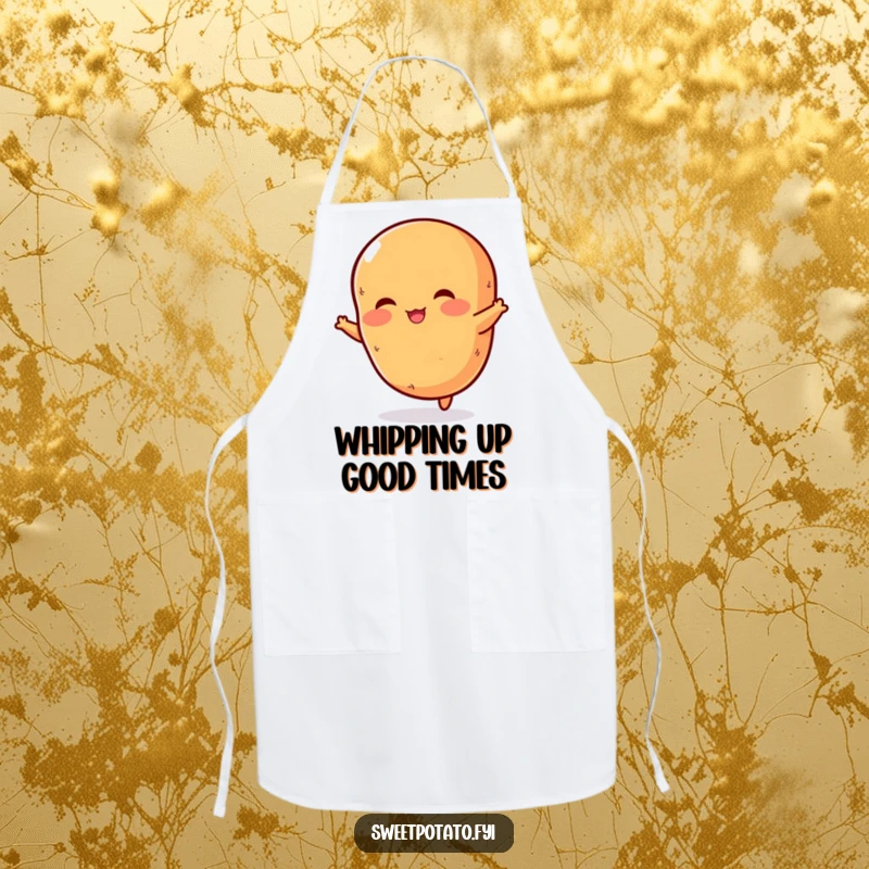 Funny apron adorned with a rosy-cheeked sweet potato performing a dynamic jump, bringing kitchen cheer and potato humor.