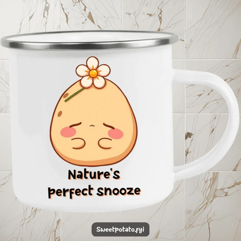 Funny sweet potato camping mug showing a content spud napping under a flower. Ideal for outdoor enthusiasts who appreciate humor.