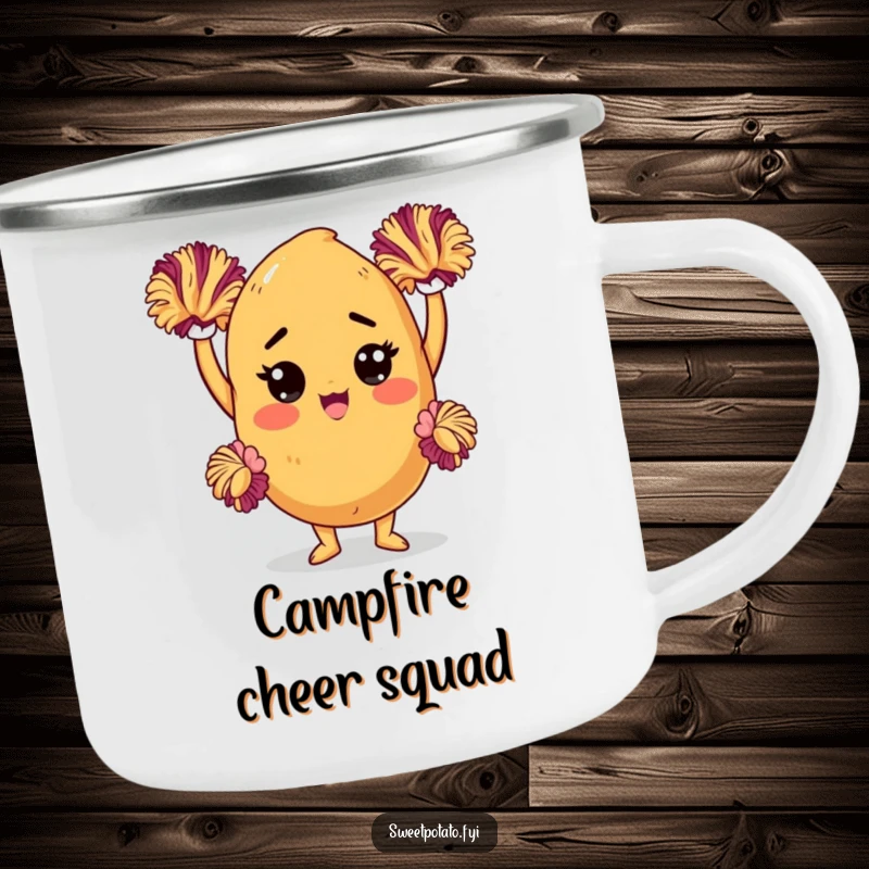 Funny sweet potato camping mug featuring a determined character cheering with pom-poms, durable for outdoor use with a motivational design.