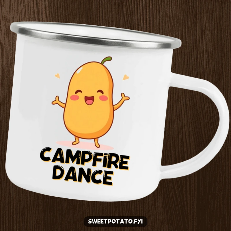 Funny camping mug featuring a sweet potato character doing a happy dance, perfect for outdoor celebrations and humor.