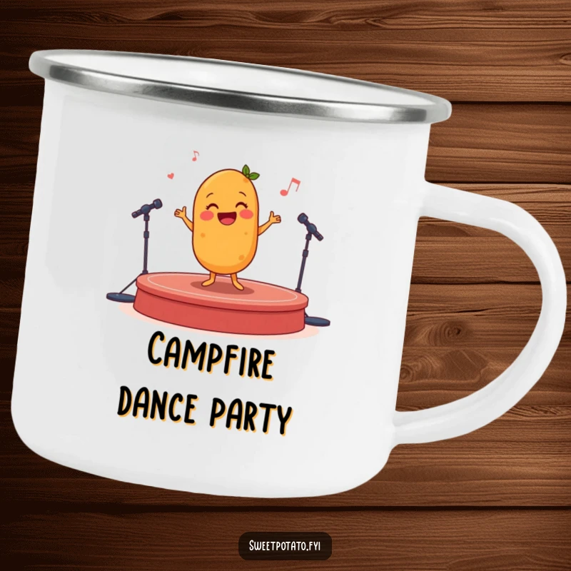 Funny happy sweet potato dancing on a stage, a humorous and durable camping mug.
