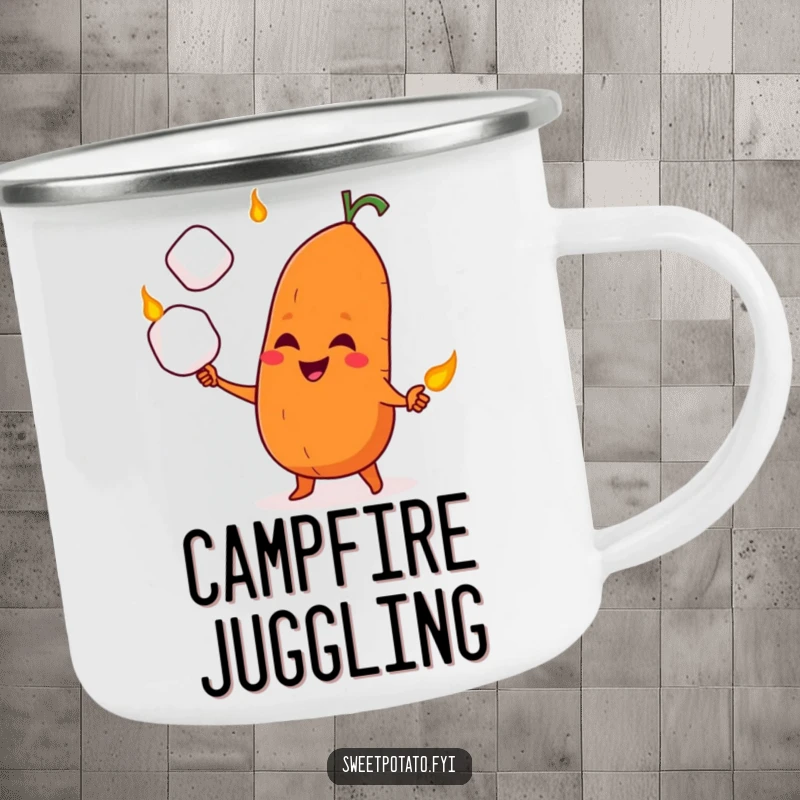 Funny camping mug with a sweet potato character juggling marshmallows, sporting a mischievous grin by the campfire.