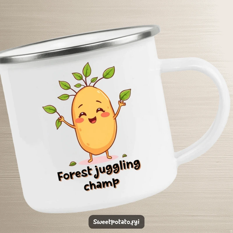 Funny camping mug featuring a sweet potato juggling leaves, ideal for humorous outdoor excursions.
