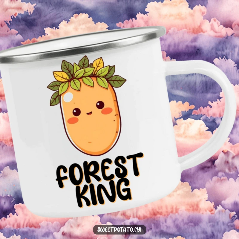 Funny camping mug featuring a sweet potato character wearing a crown of leaves, bringing regal humor to outdoor trips.