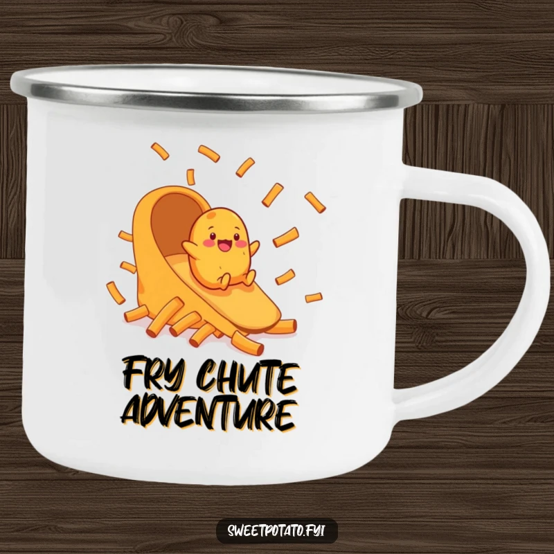 Funny camping mug with a happy sweet potato character sliding down a chute made of sweet potato fries in the wild.