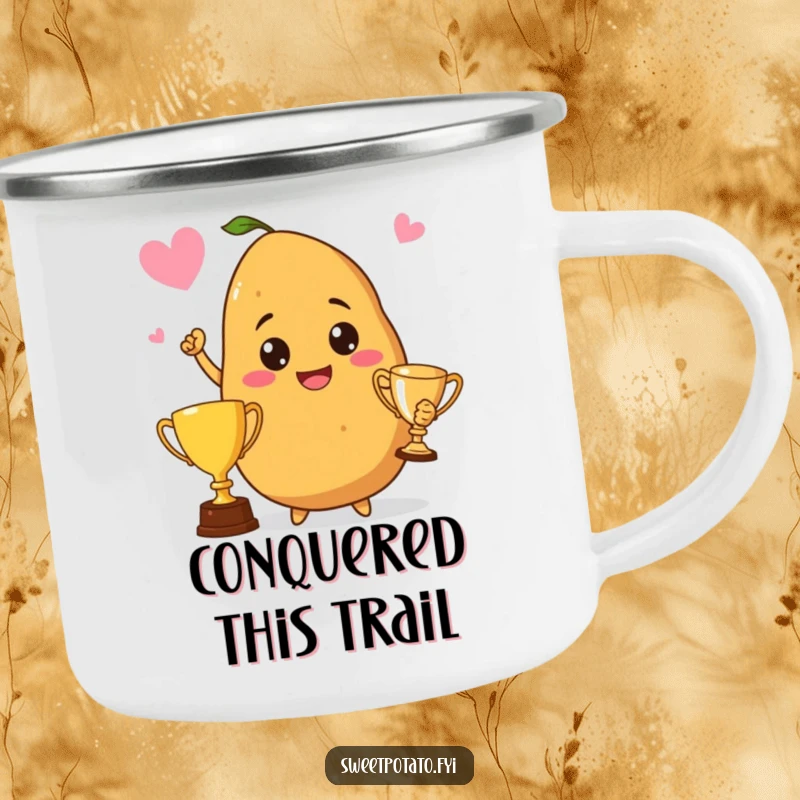 Funny camping mug featuring a proud sweet potato holding a trophy, symbolizing outdoor achievements and potato-themed celebration.