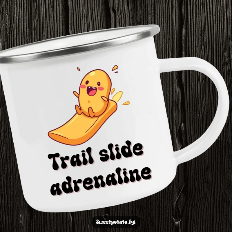 Funny excited sweet potato zooming down a crisp slide, a humorous and durable camping mug.